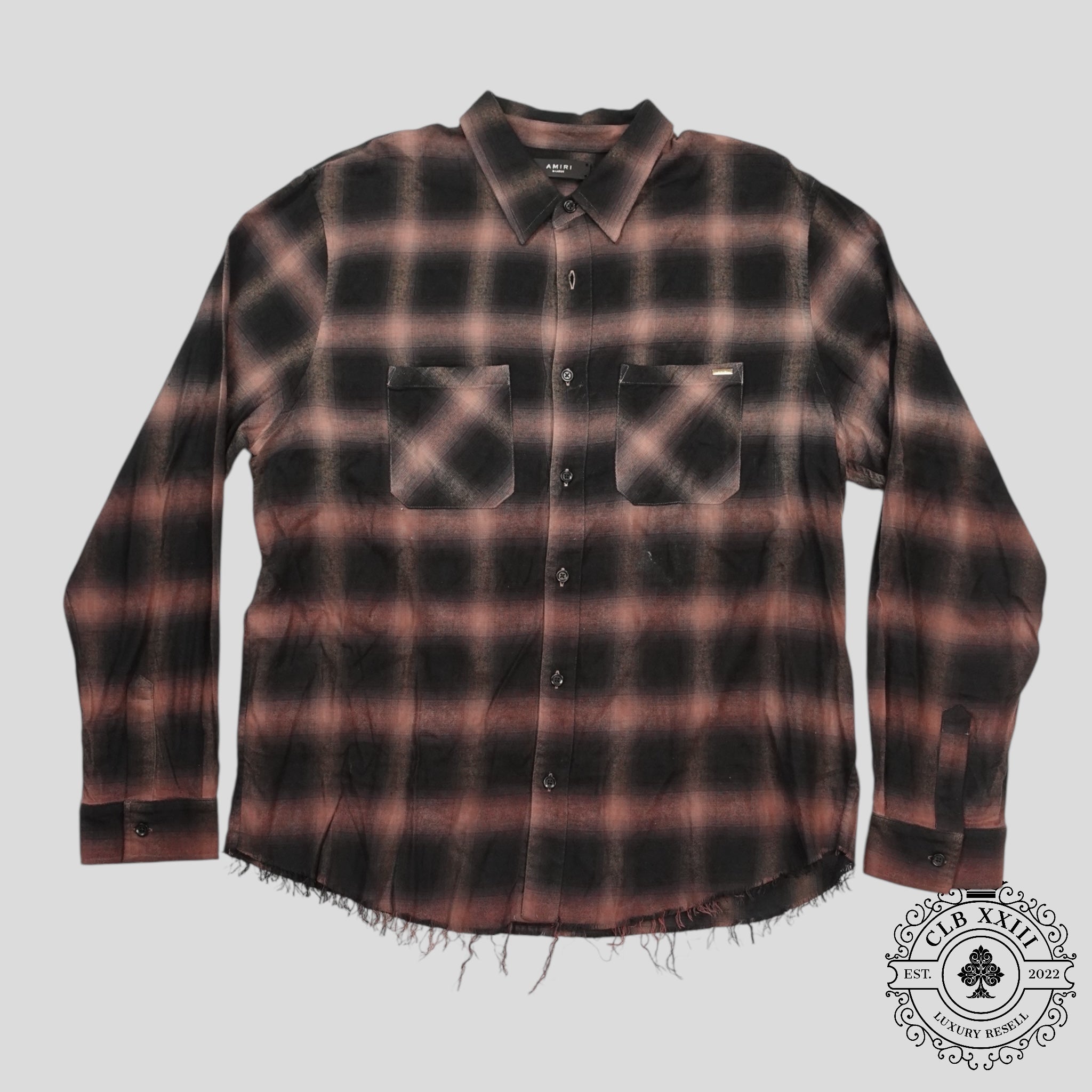 Amiri Distressed Plaid Button Up in Brown