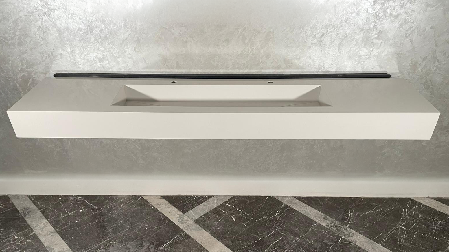 Custom White Quartz Large Bathroom Trough Sink: Wall Mount Vanity (QU-95)