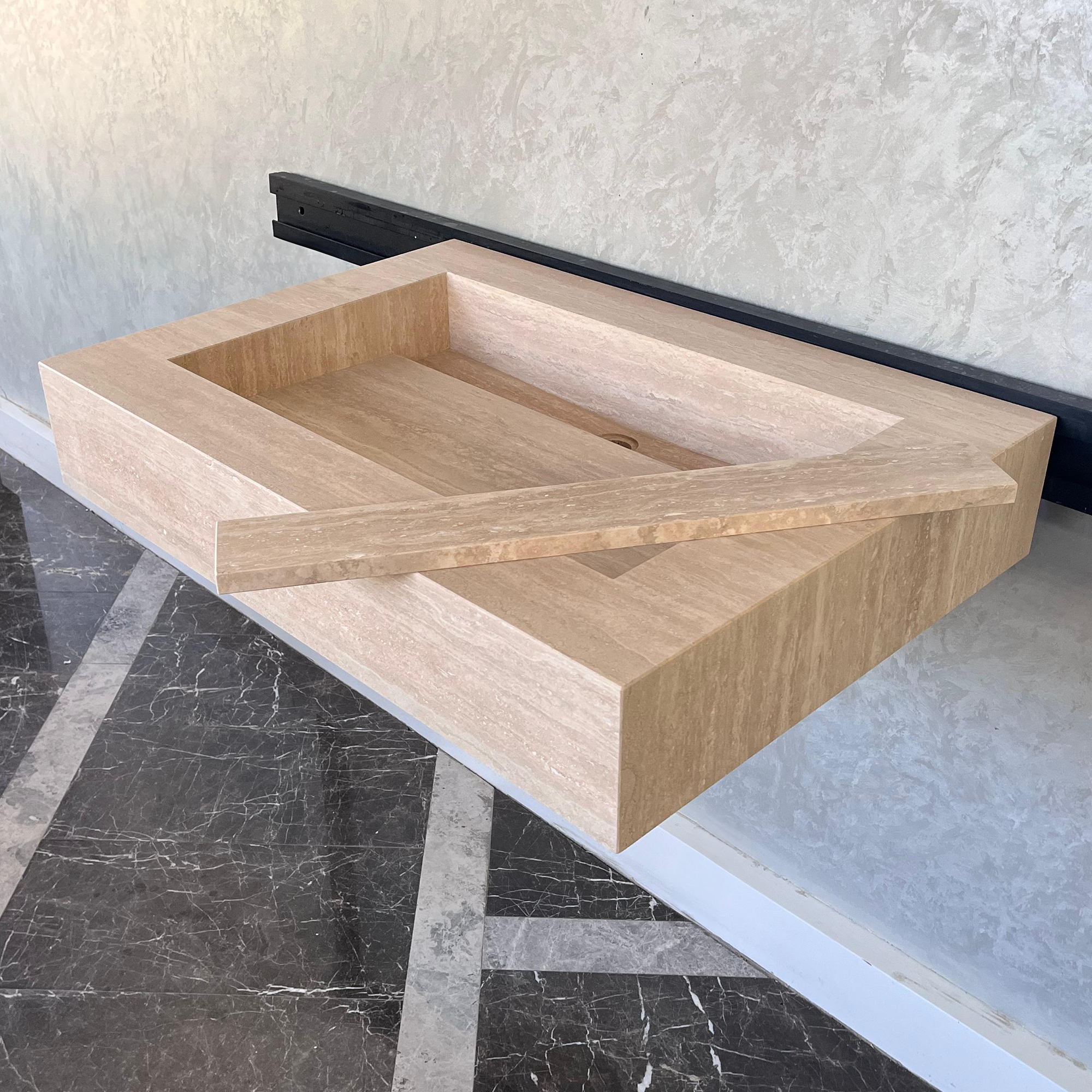 Custom Travertine Sink, Handmade Custom Beige Travertine Sink, Vein Cut Travertine Vanity (TR-66)