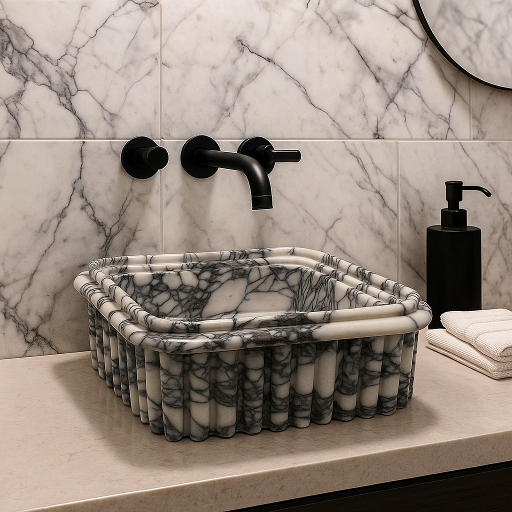 Calacatta Viola Marble Natural Stone Ribbed Square Vessel Sink (W)16.5" (L)16.5" (H)6"
