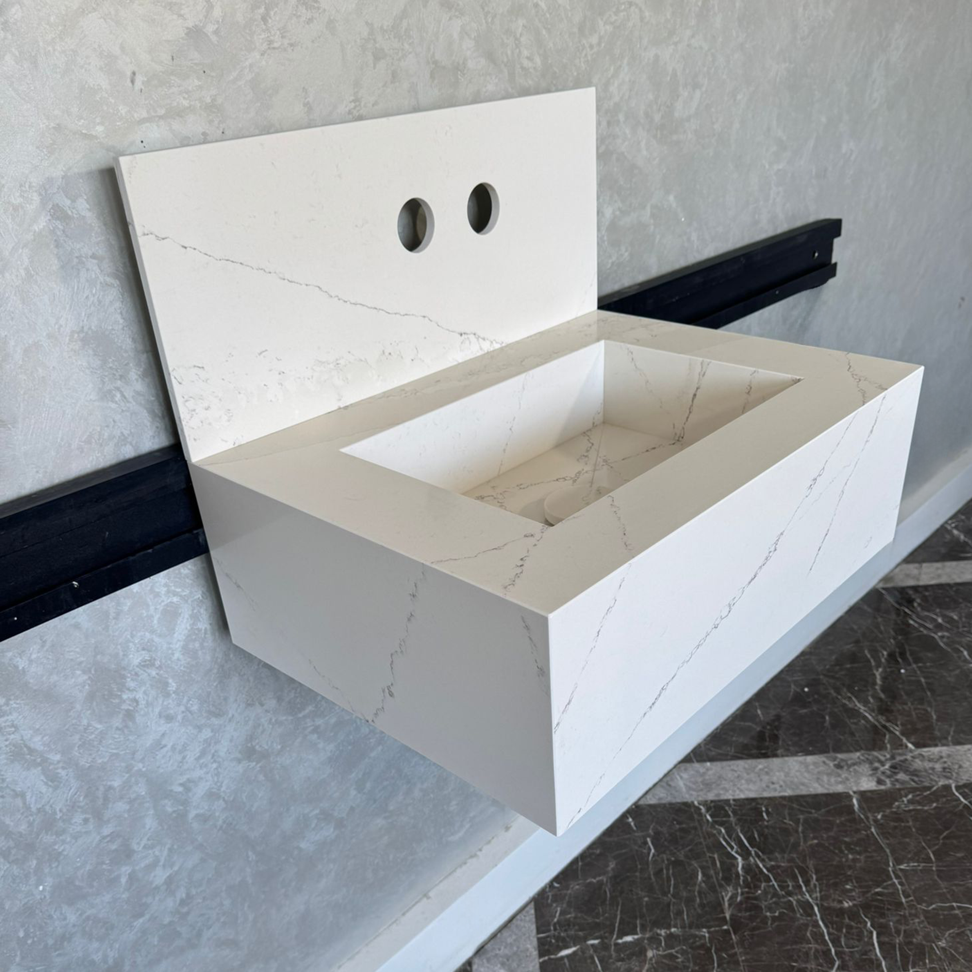 Custom Quartz Bathroom Sink – Handmade Quartz Vessel Sink, Integrated Quartz Countertop Sink, Modern Quartz Vanity Sink (QU-038)