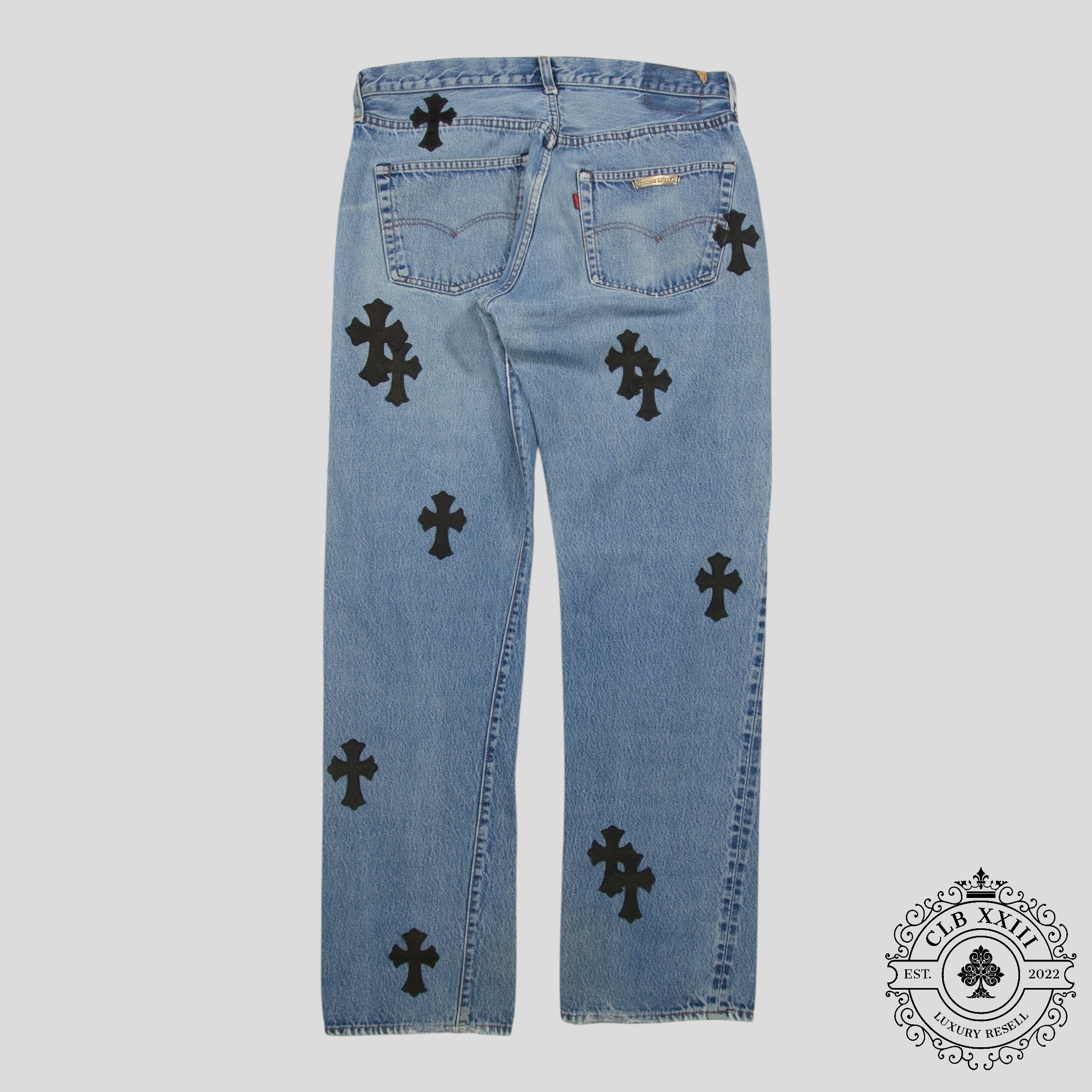 Chrome Hearts Cross Patch Levi 501 Red Line Jeans in Medium Wash/Black