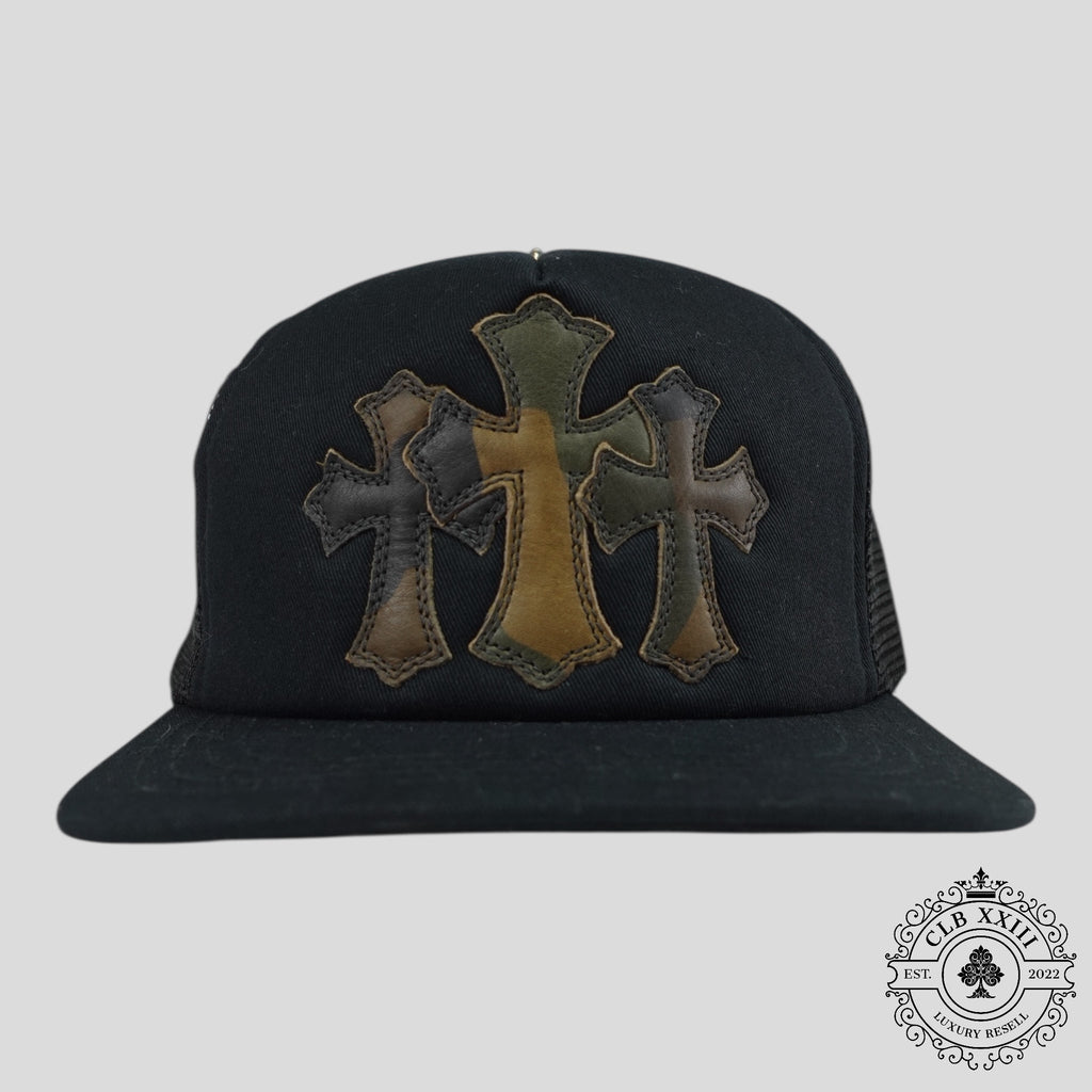Chrome Hearts Leather Triple Cross Trucker Hat in Black/Camo