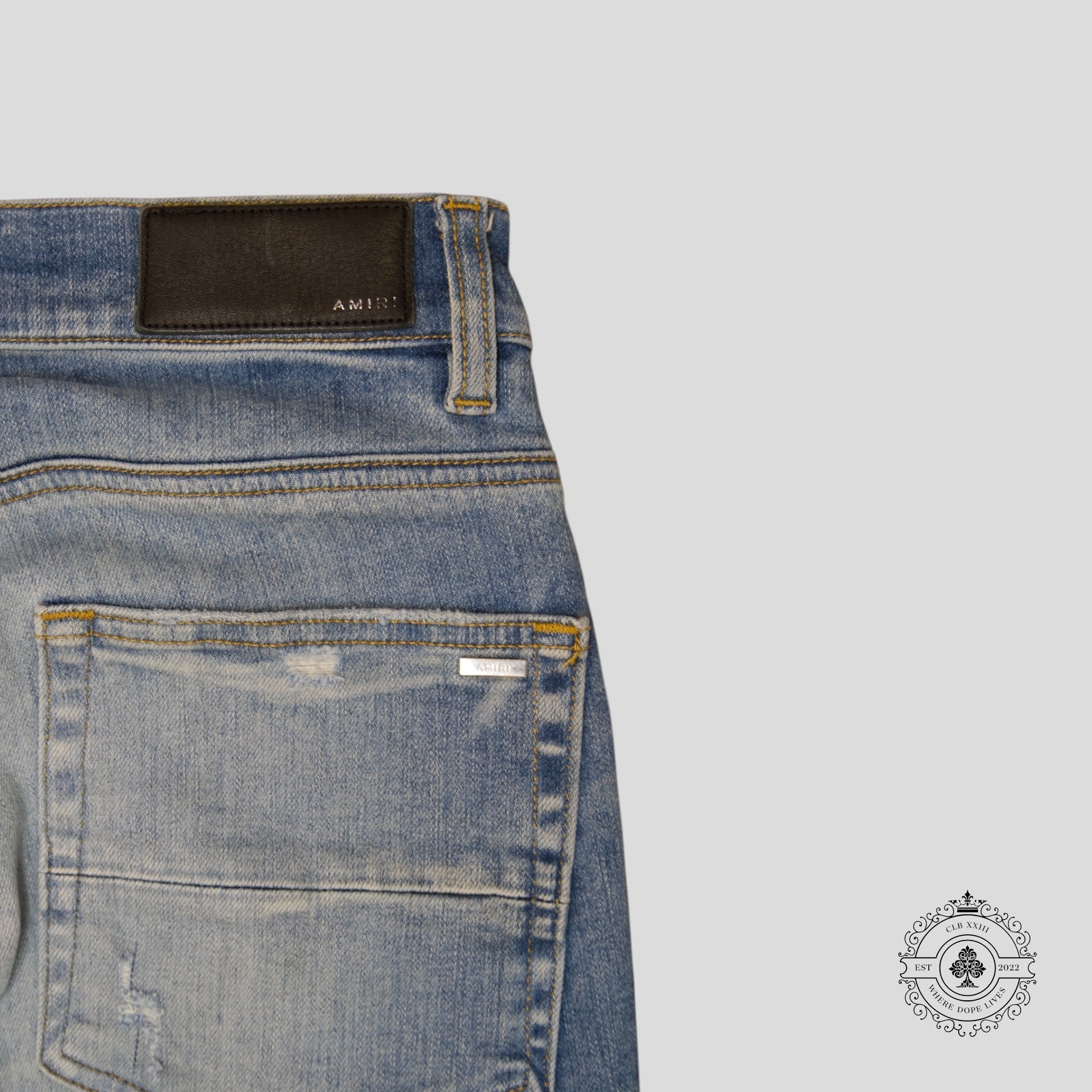 Amiri MX1 Leather Patch Jeans in Light Indigo