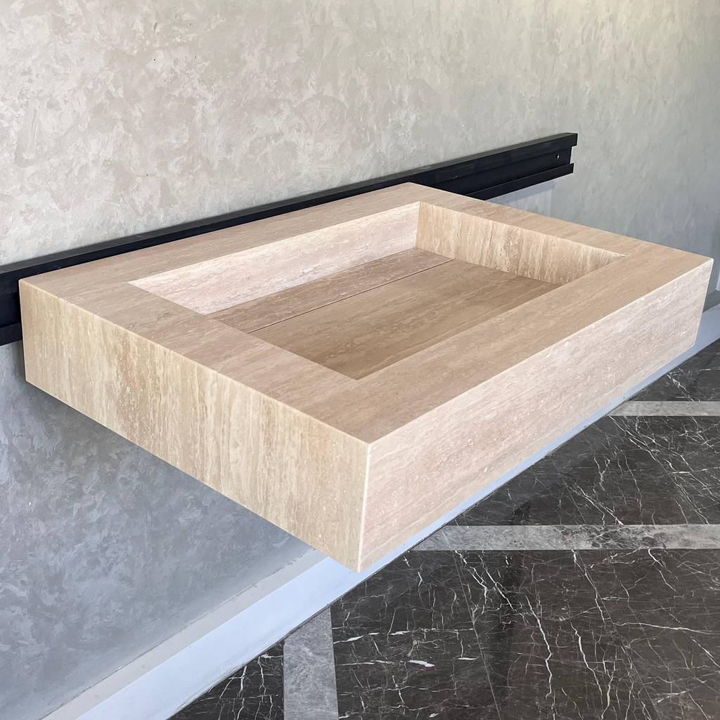 Custom Travertine Sink, Handmade Custom Beige Travertine Sink, Vein Cut Travertine Vanity (TR-66)