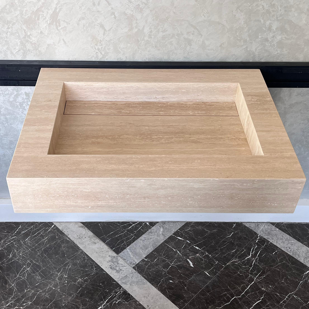 Custom Travertine Sink, Handmade Custom Beige Travertine Sink, Vein Cut Travertine Vanity (TR-66)