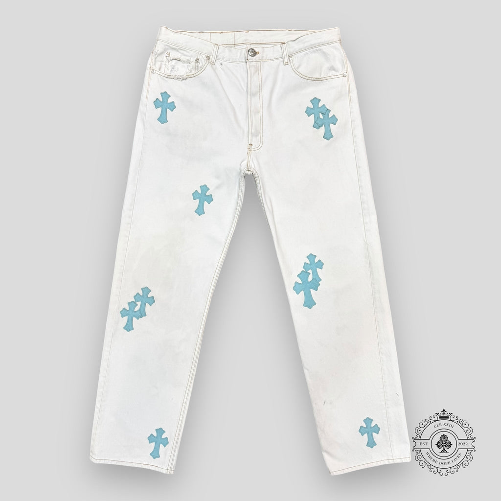 Chrome Hearts Cross Patch Jeans in White / Blue