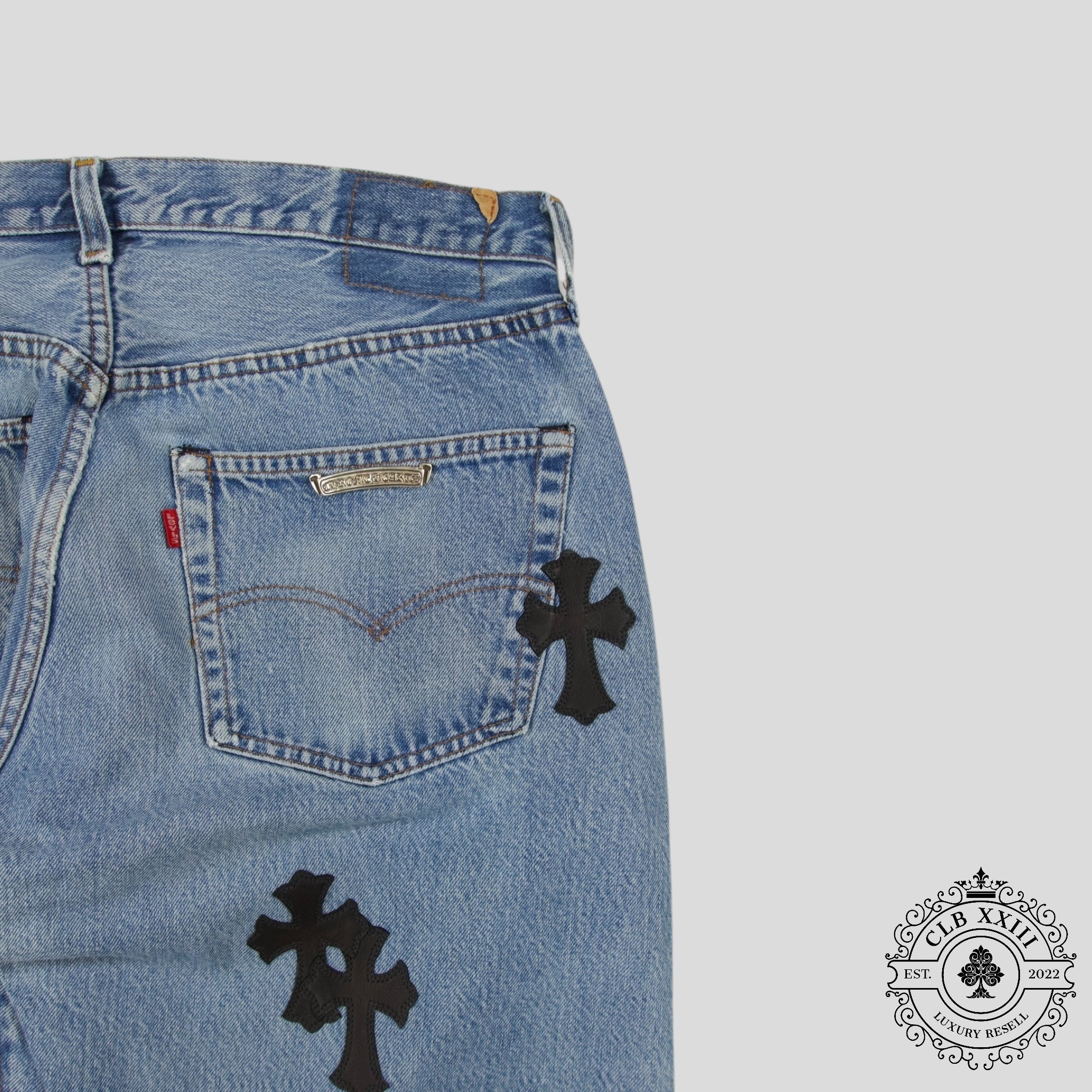 Chrome Hearts Cross Patch Levi 501 Red Line Jeans in Medium Wash/Black