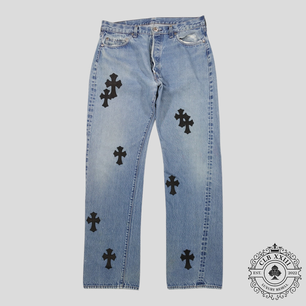 Chrome Hearts Cross Patch Levi 501 Red Line Jeans in Medium Wash/Black