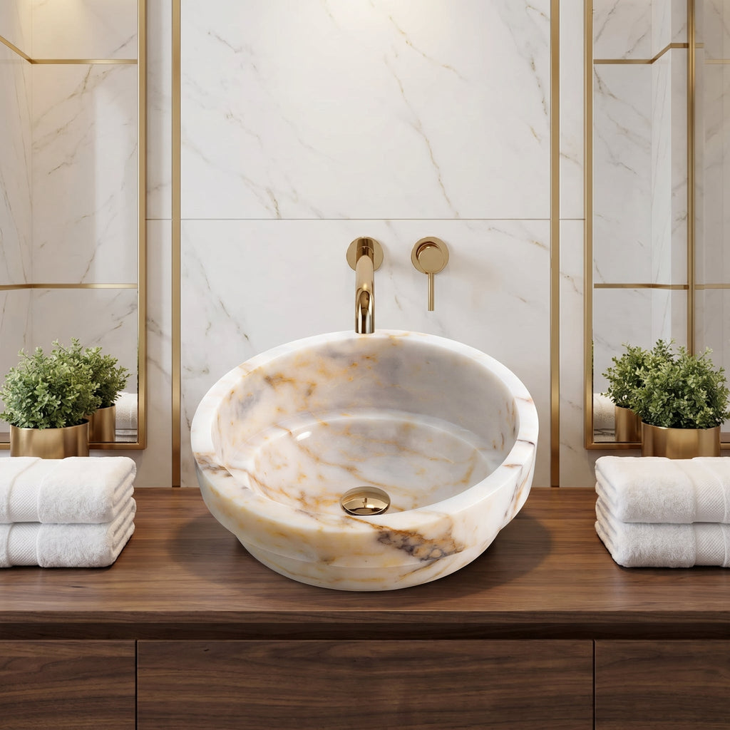 Bianco Giallo Marble Special Design Vessel Sink Bowl Polished  (D)16" (H)9"