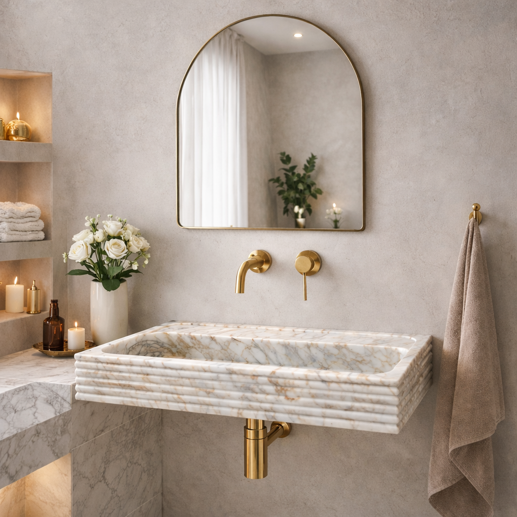 Calacatta Viola Gold Marble Handcrafted Floating Bathroom Sink – Luxury Horizontal Fluted (W)16" (L)36"