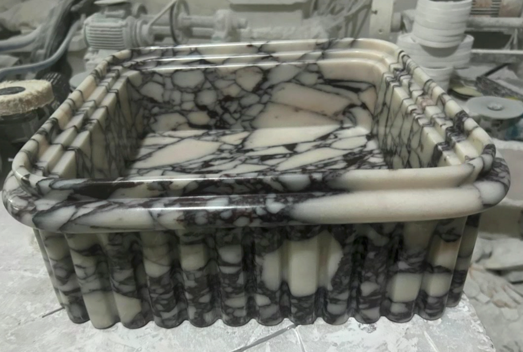 Calacatta Viola Marble Natural Stone Ribbed Square Vessel Sink (W)16.5" (L)16.5" (H)6"