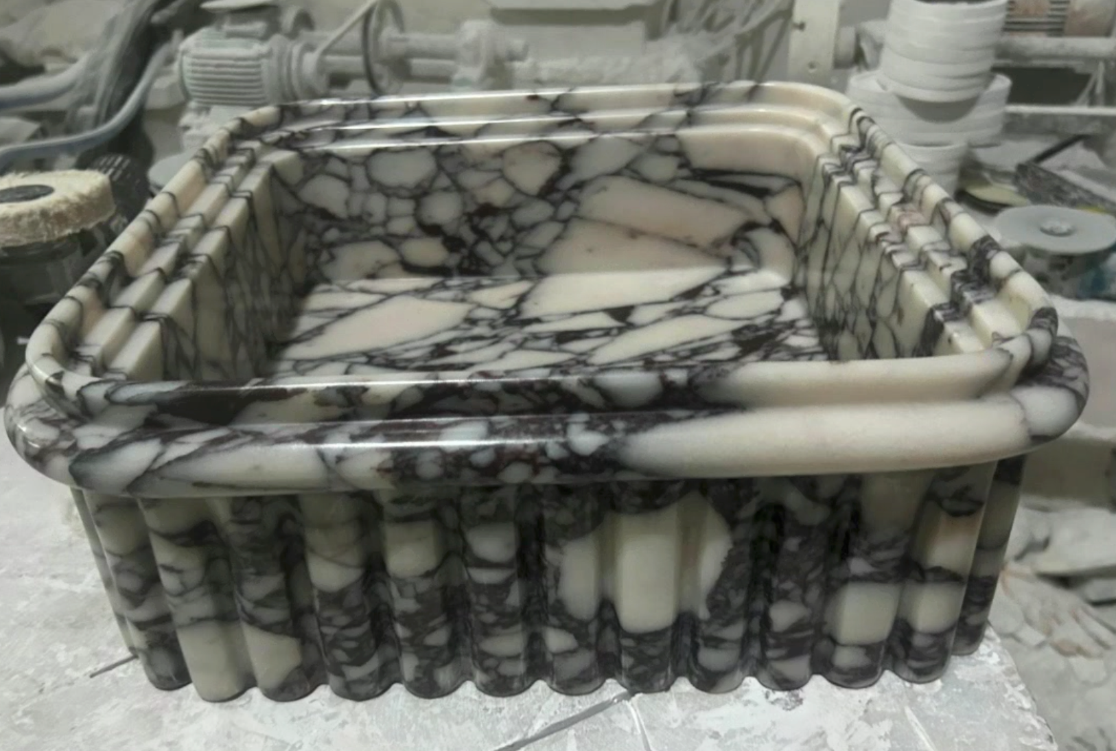 Calacatta Viola Marble Natural Stone Ribbed Square Vessel Sink (W)16.5" (L)16.5" (H)6"