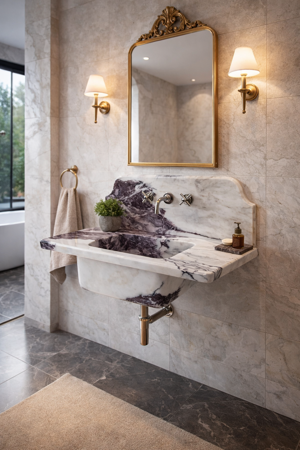 Calacatta Viola Marble Wall-mount Bathroom Sink with 10" Backsplash (W)16" (L)30" (H)8"