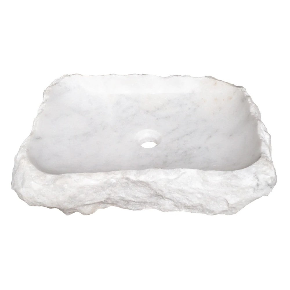 Carrara Marble Rustic Natural Stone Vessel Sink Polished Interior Hand Chiseled Exterior (W)16" (L)22" (H)5"