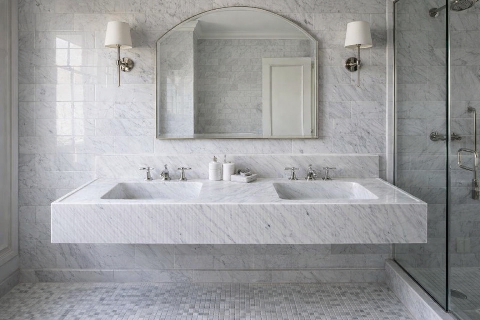 Carrara White Marble Bathroom Double Sink Fluted on Front (W)21" (L)72" (H)8"