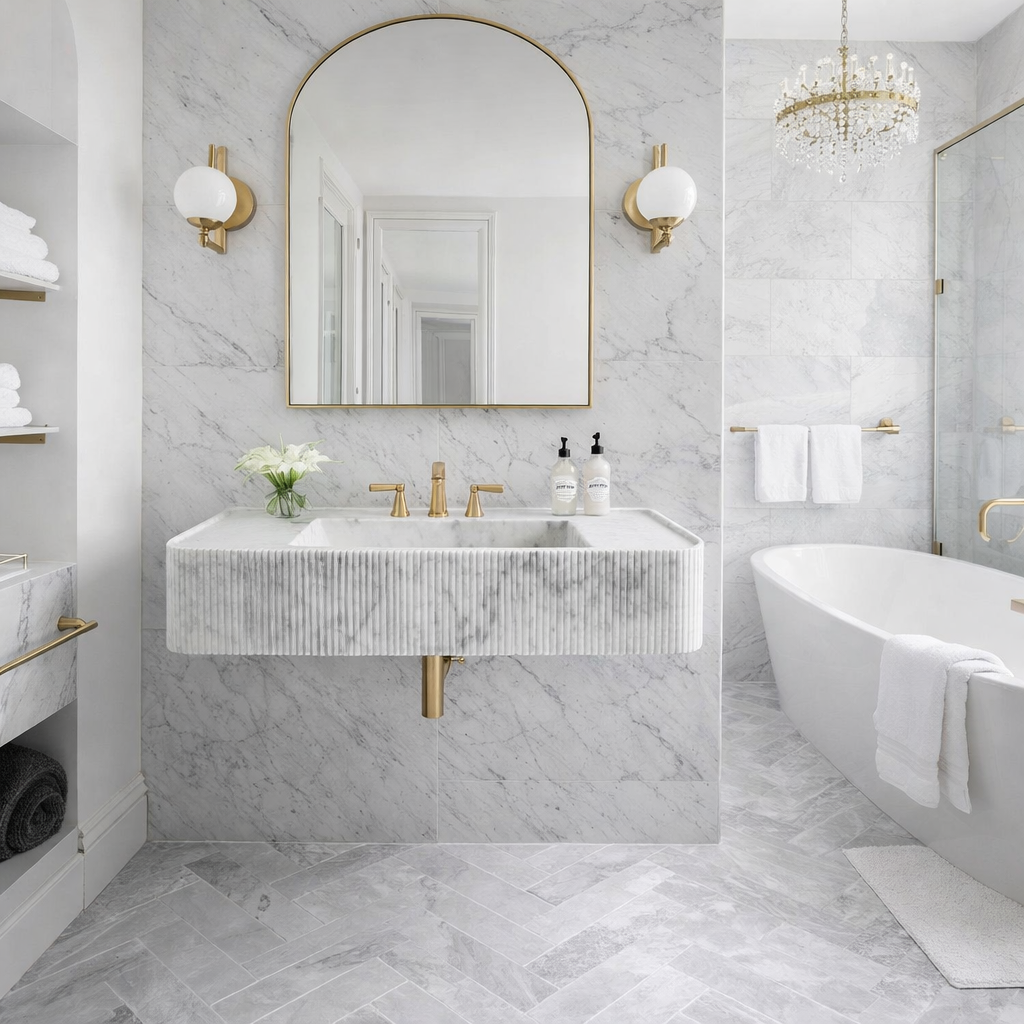 Carrara White Marble Wall-mount Bathroom Vanity Ribbed Textured Front (W)16" (L)38" (H)6"