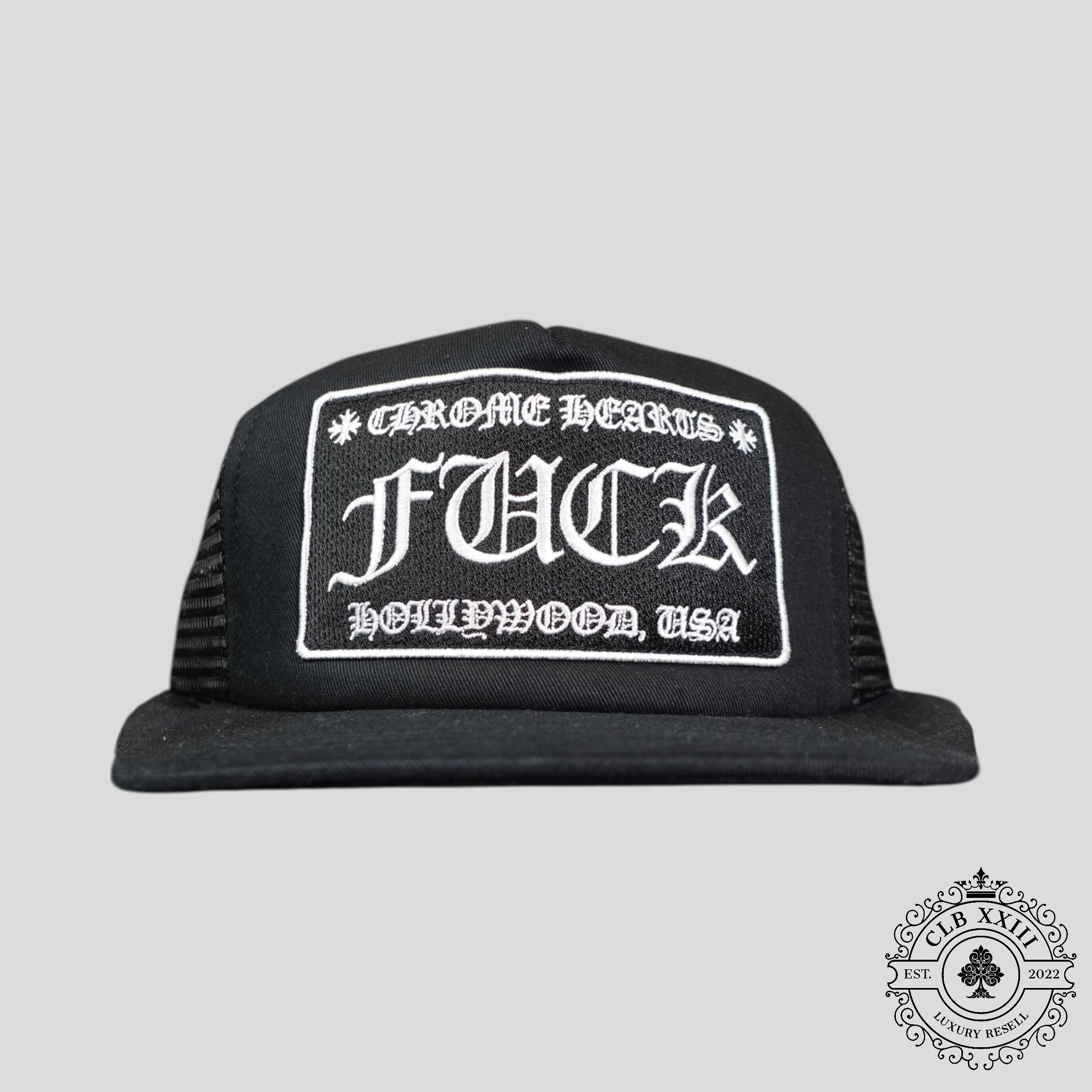 Chrome Hearts Fuck Hollywood Trucker Hat in Black