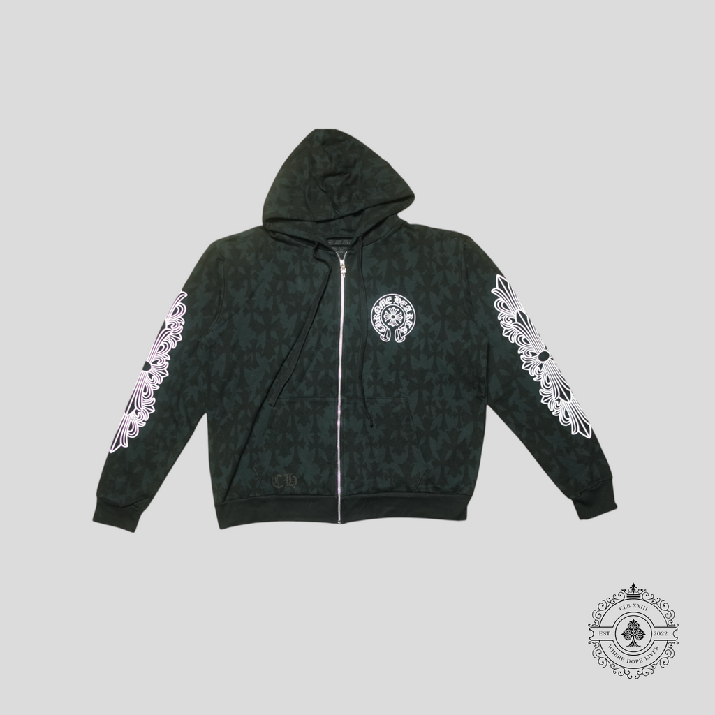 Chrome Hearts Cross Pattern Horseshoe Zip-Up Hoodie in Black/White