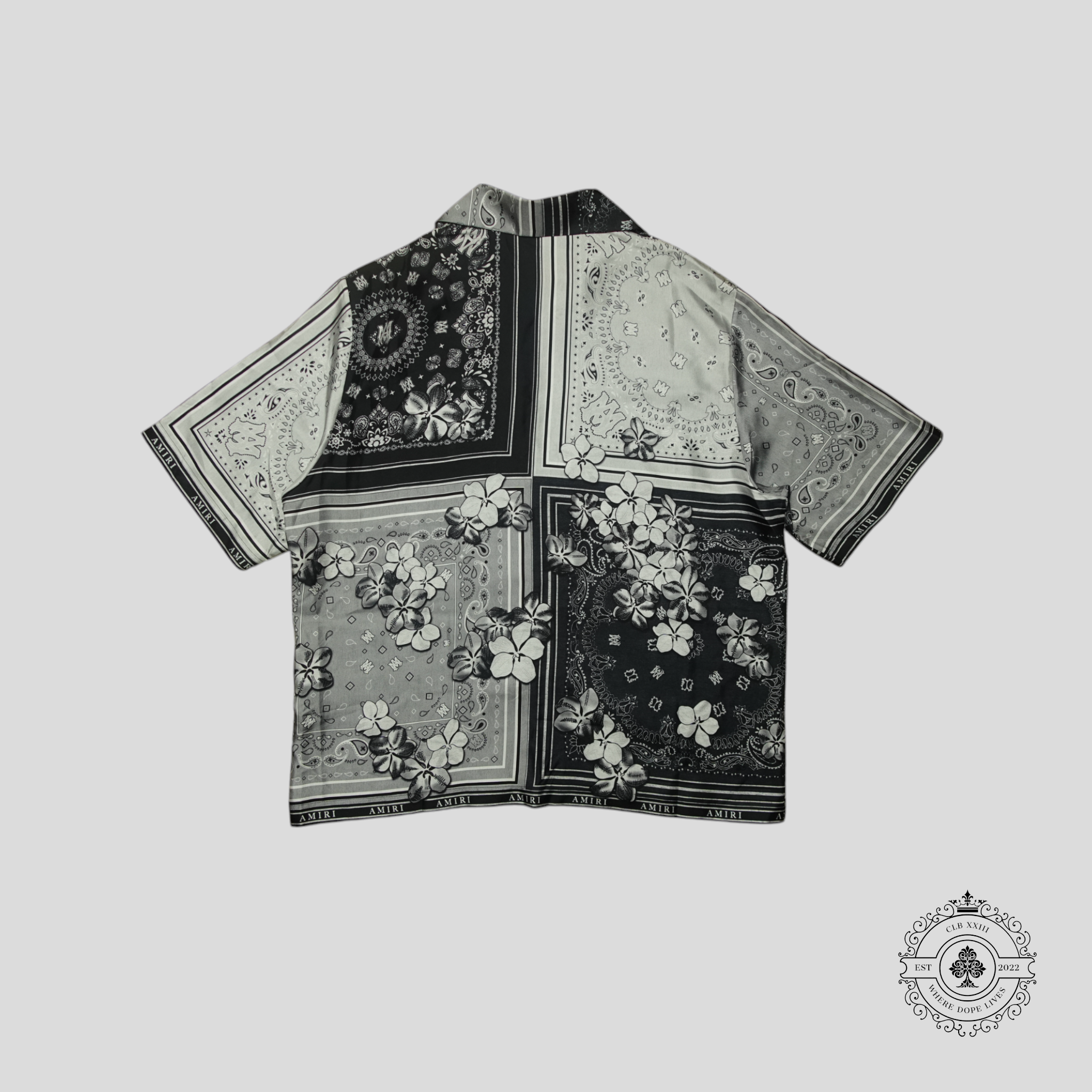 Amiri Bandana Floral Silk Button Up Bowling Shirt in Black/White