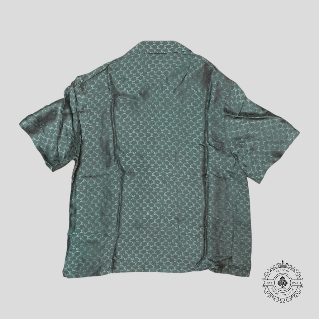Louis Vuitton Monogram Jacquard Button Up Silk Blend Shirt in Grey/Blue