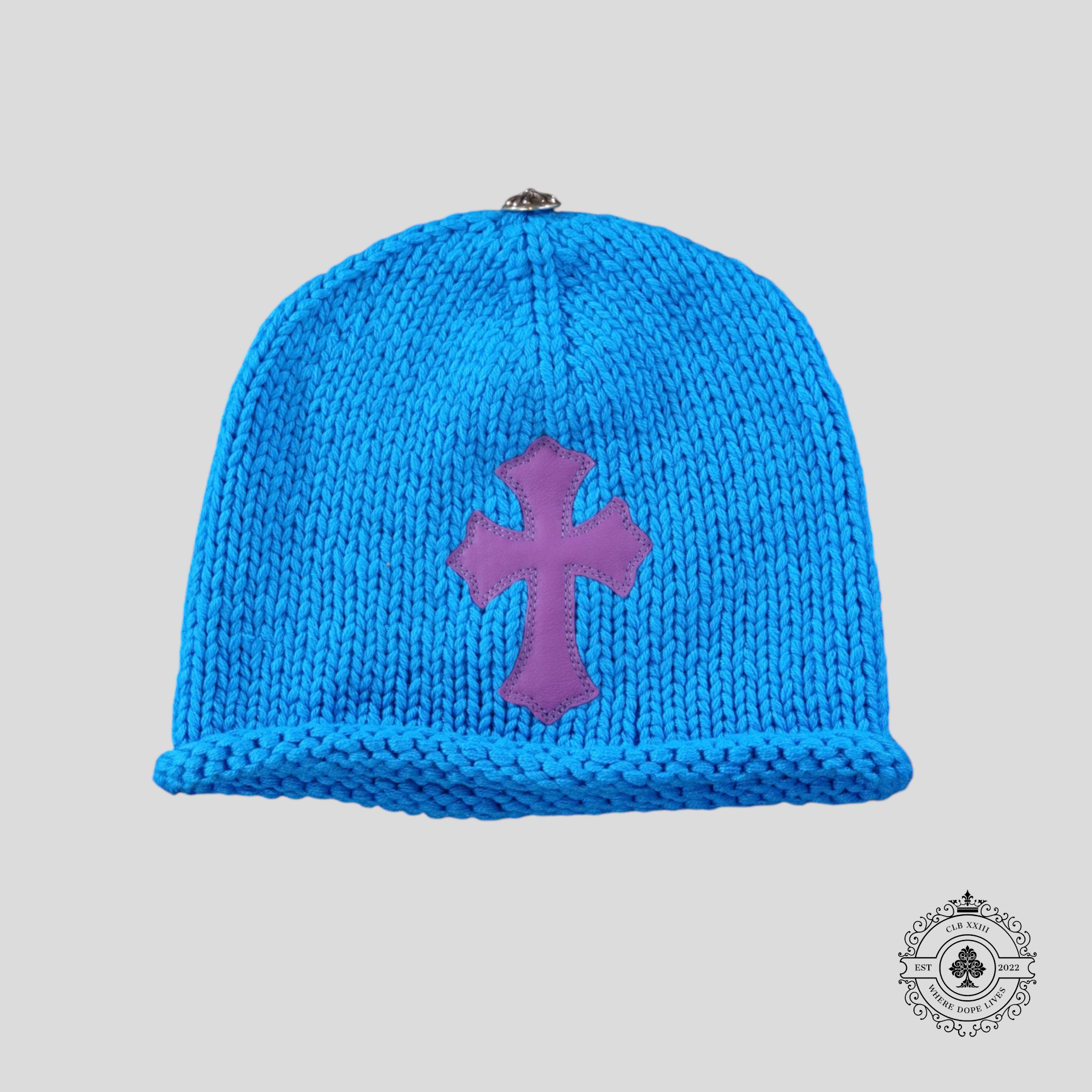 Chrome Hearts Cashmere Cross Patch Beanie in Blue/Purple