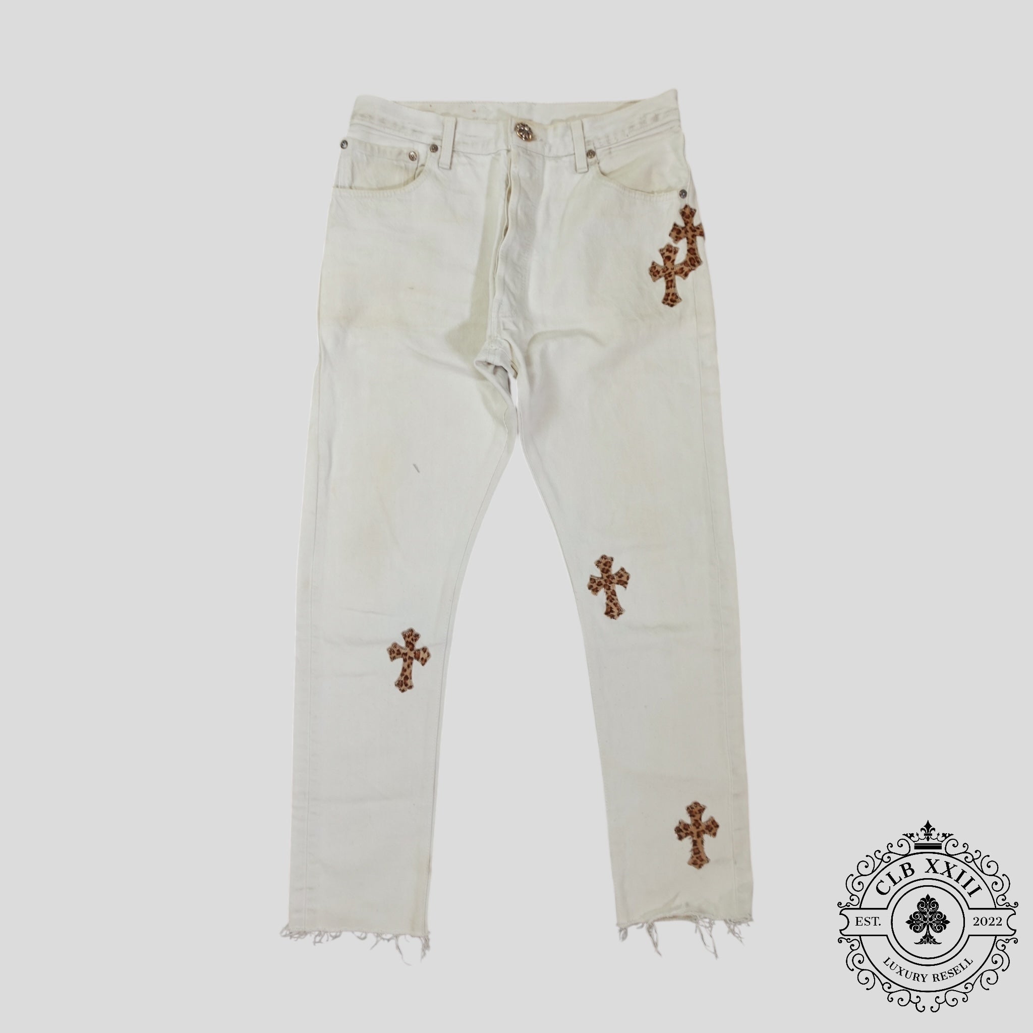 Chrome Hearts Leopard Cross Patch Jeans in White