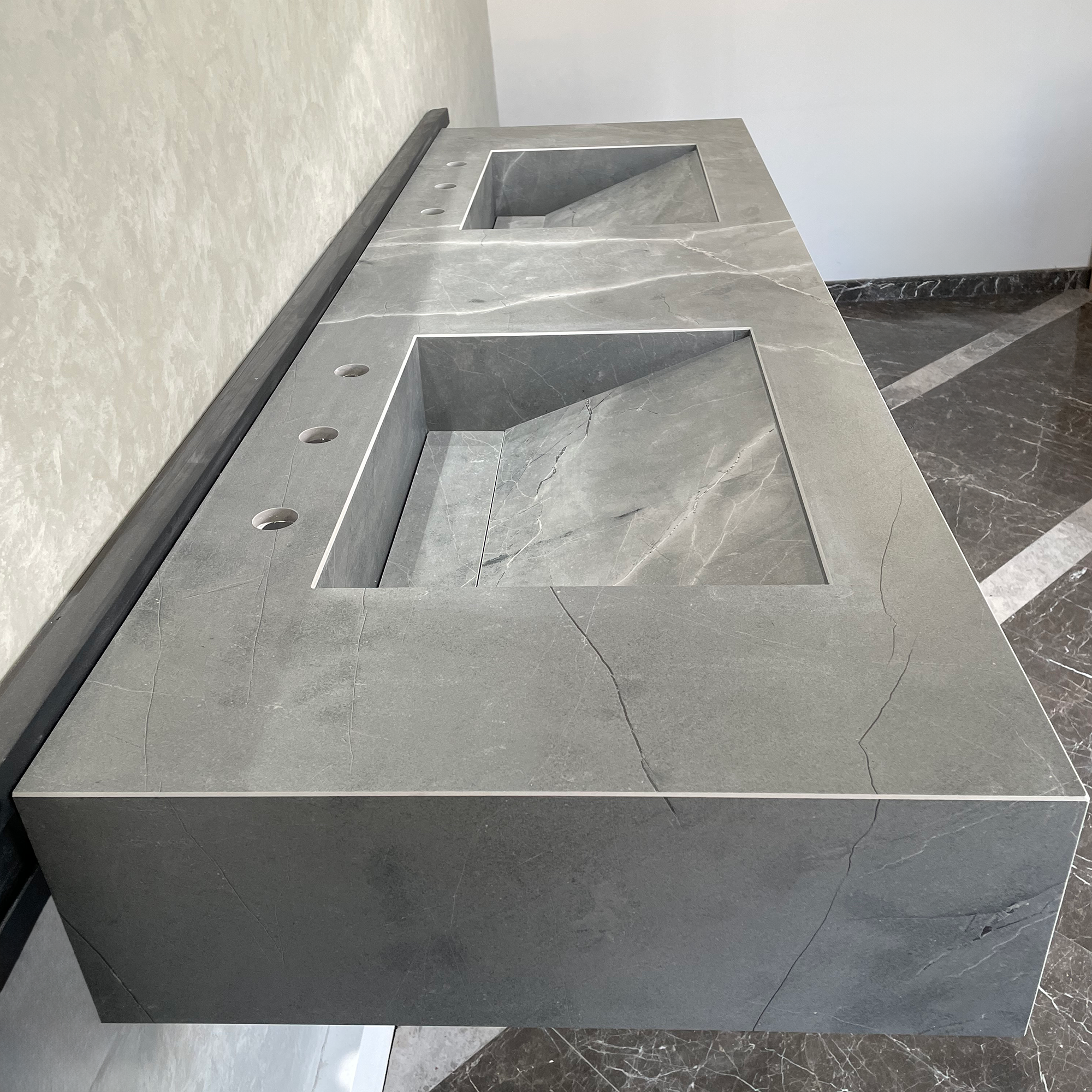 HANDCRAFTED ARMANI GREY HIGH ENGINEERED PORCELAIN DOUBLE SINK (ES-096)