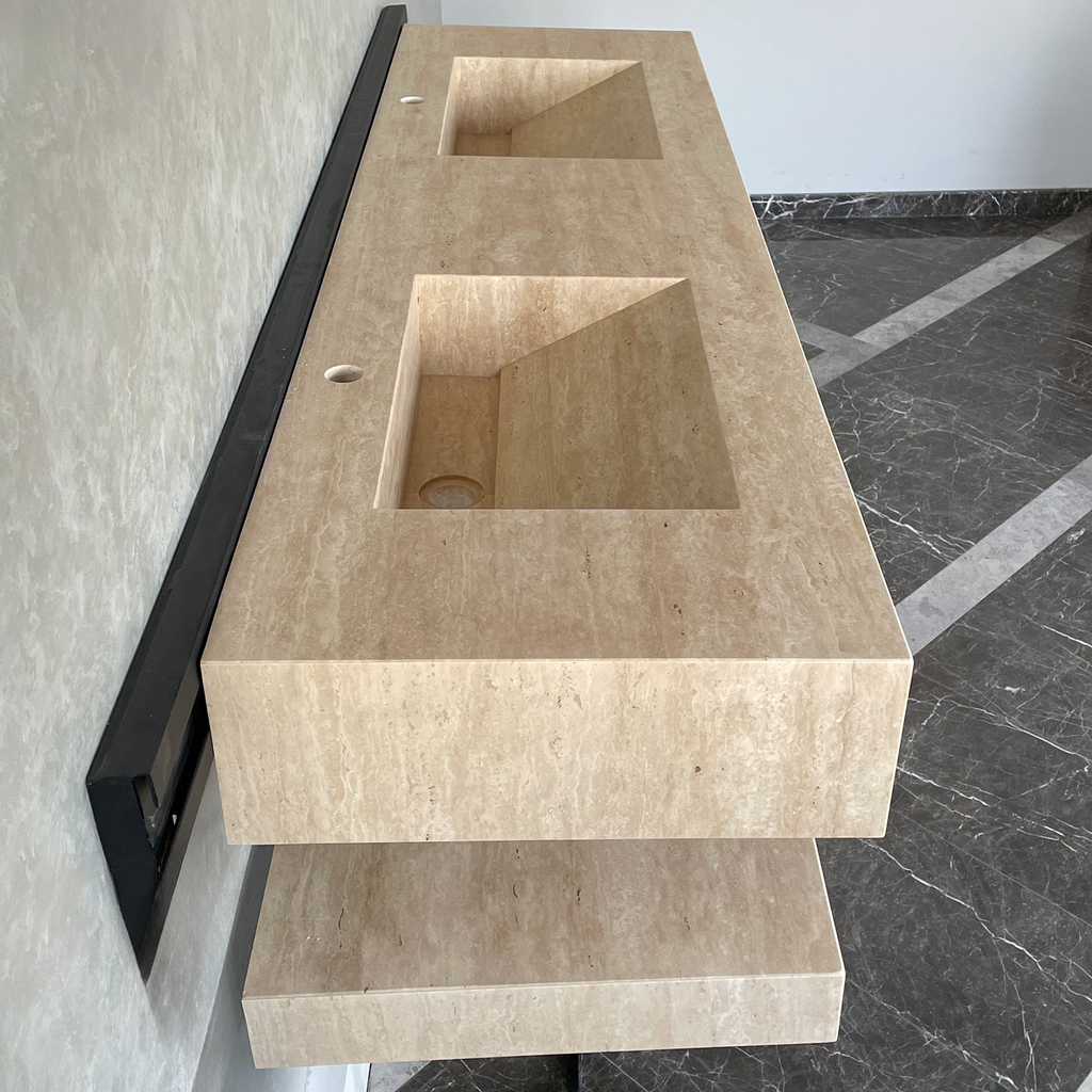 HANDCRAFTED CUSTOM TRAVERTINE SINK AND MATCHING SHELF (TR-175)