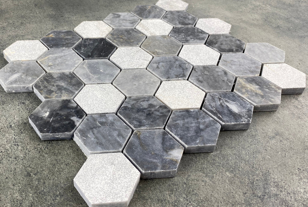 Luna Sky Marble 2" Hexagon Mixed Finish on 12" x 12" Mesh Mosaic Tile