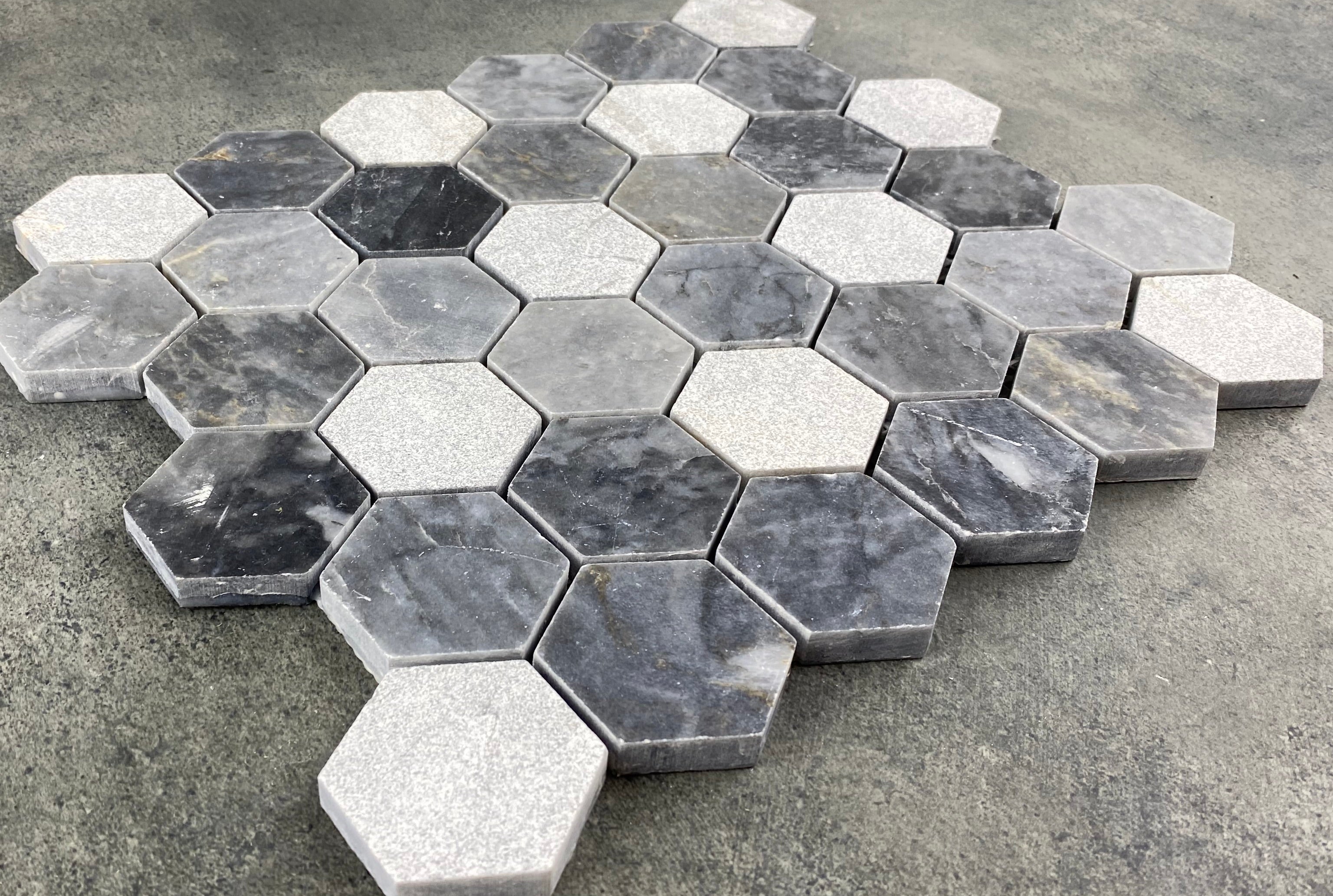 Luna Sky Marble 2" Hexagon Mixed Finish on 12" x 12" Mesh Mosaic Tile