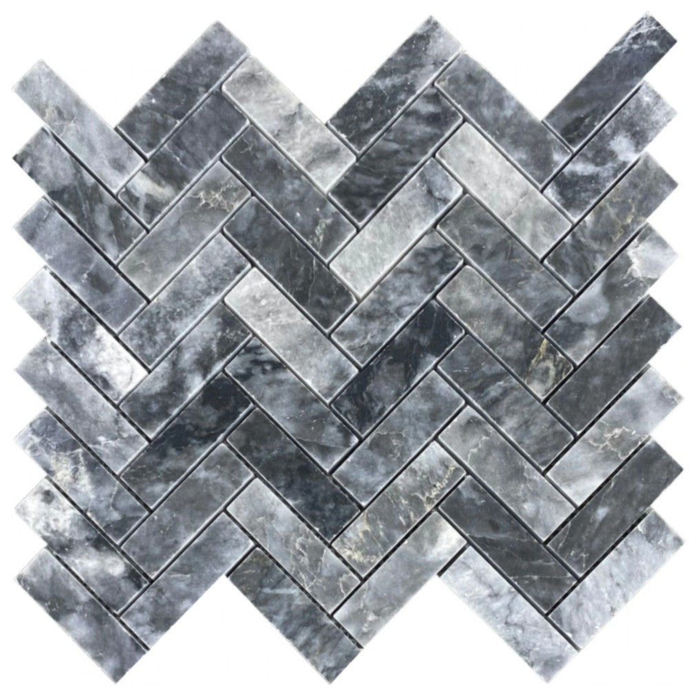 Luna Sky Marble 1"x3" Herringbone on 12" x 12" Mesh Mosaic Tile