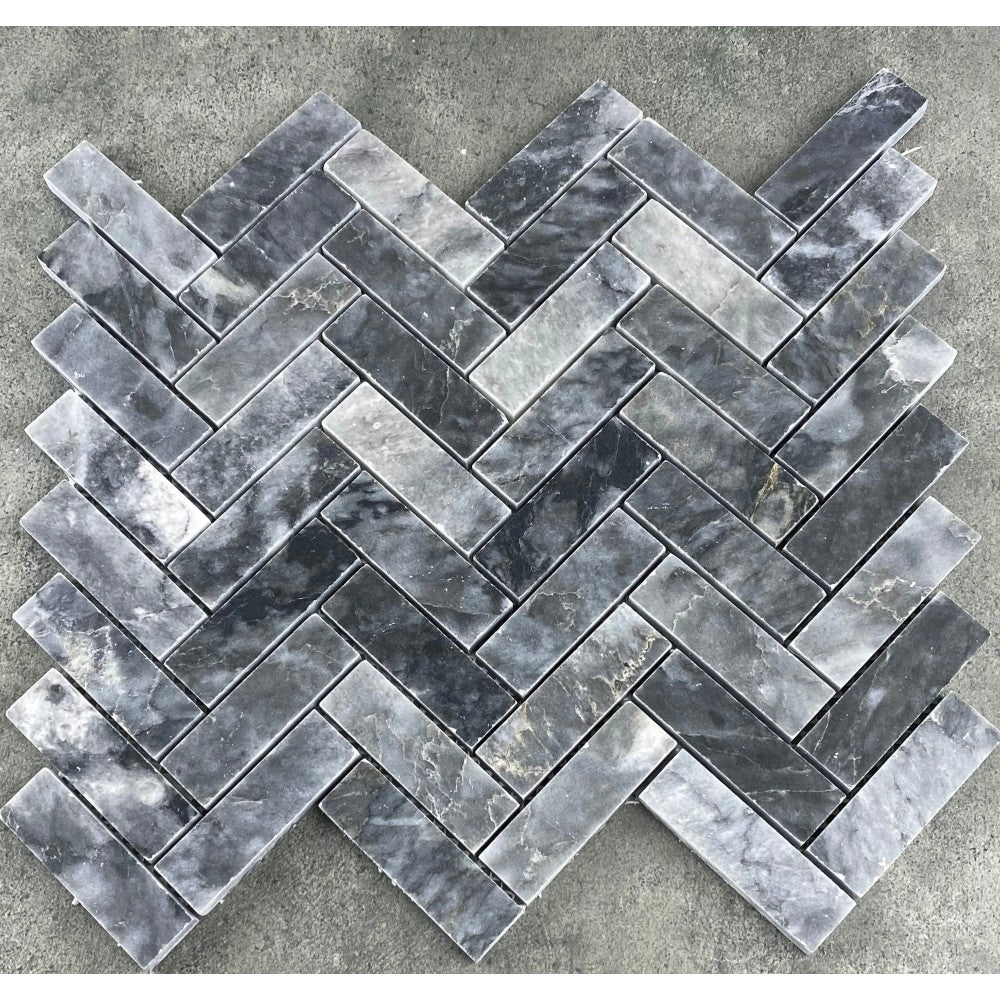 Luna Sky Marble 1"x3" Herringbone on 12" x 12" Mesh Mosaic Tile