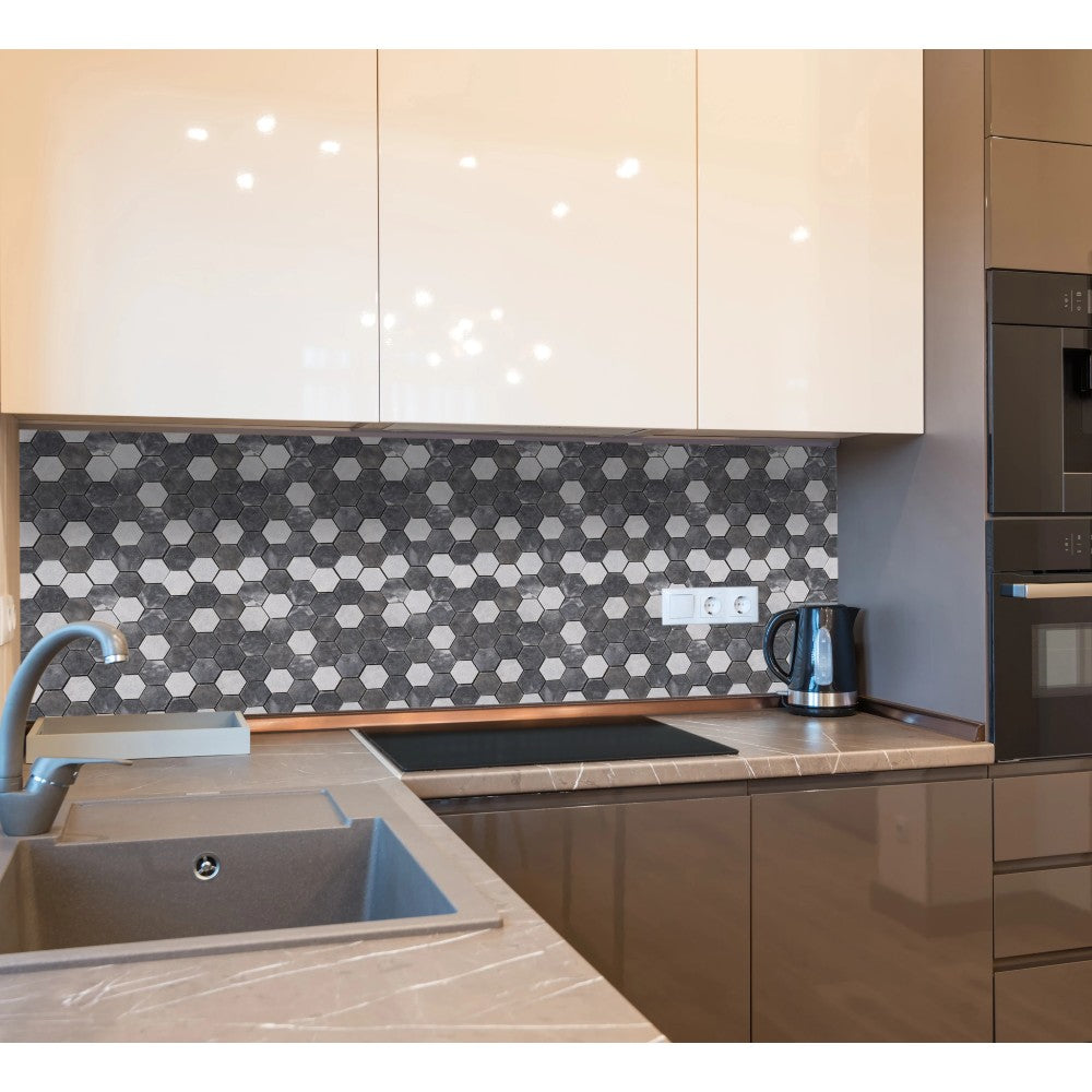 Luna Sky Marble 2" Hexagon Mixed Finish on 12" x 12" Mesh Mosaic Tile