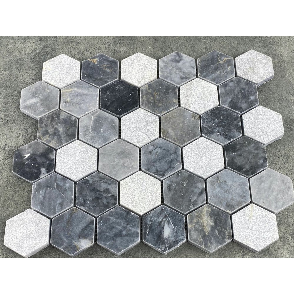Luna Sky Marble 2" Hexagon Mixed Finish on 12" x 12" Mesh Mosaic Tile