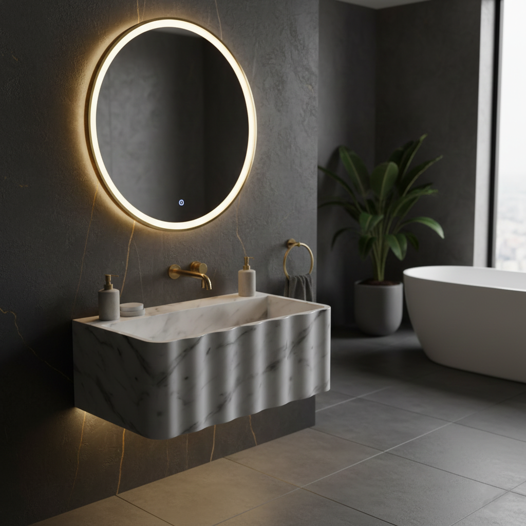 Carrara White Marble Handcrafted Wall-mount Luxury Bathroom Sink Fluted Front (W)16" (L)28" (H)10"