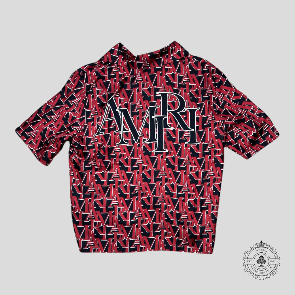 Amiri Staggered Logo Silk Button Up Bowling Shirt in Red/Black