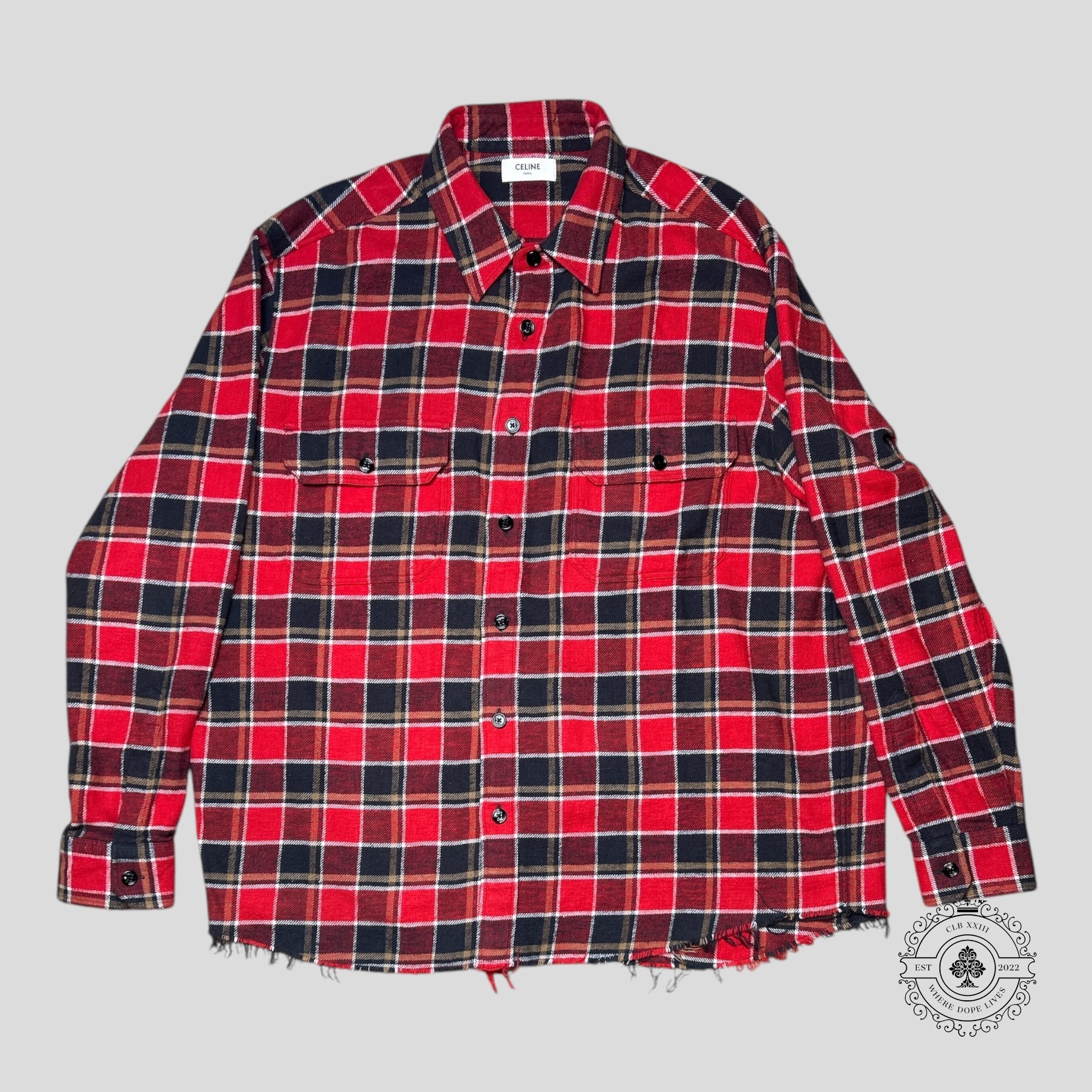 Celine Checked Flannel Worn Hem Overshirt in Red/Black/White/Yellow