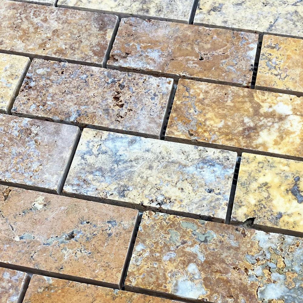 Scabos Travertine 2"x4" Brick Honed on 12" x 12" Mesh Mosaic Tile