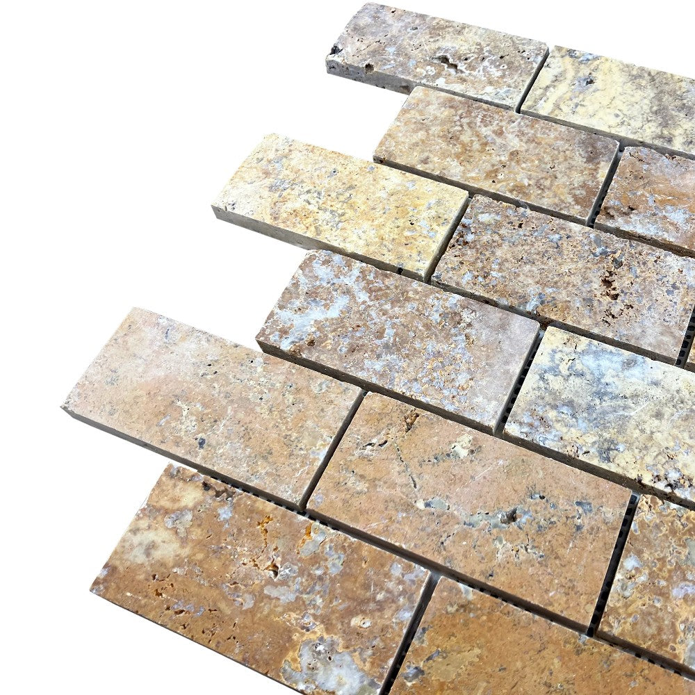 Scabos Travertine 2"x4" Brick Honed on 12" x 12" Mesh Mosaic Tile