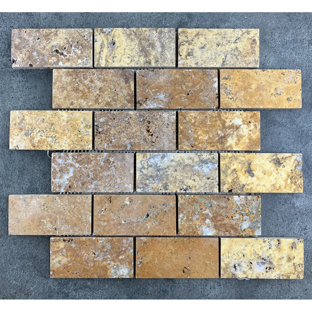 Scabos Travertine 2"x4" Brick Honed on 12" x 12" Mesh Mosaic Tile