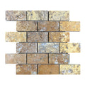 Scabos Travertine 2"x4" Brick Honed on 12" x 12" Mesh Mosaic Tile