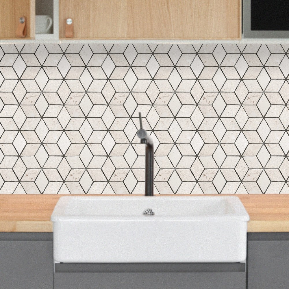 Shell Stone Limestone Rhombus Design on 12" x 12" Mesh Mosaic Tile
