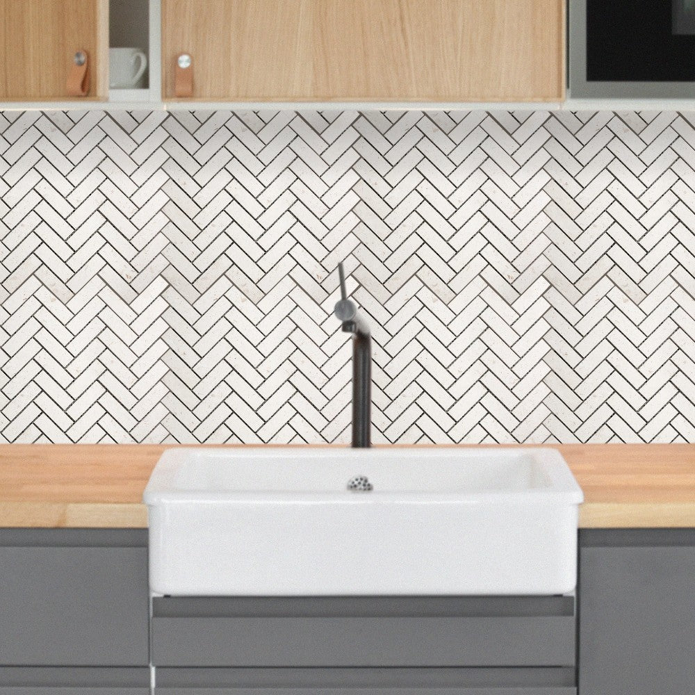 Shell Stone Limestone 1"x3" Herringbone on 12" x 12" Mesh Mosaic Tile