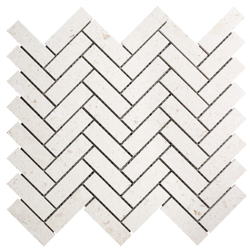 Shell Stone Limestone 1"x3" Herringbone on 12" x 12" Mesh Mosaic Tile