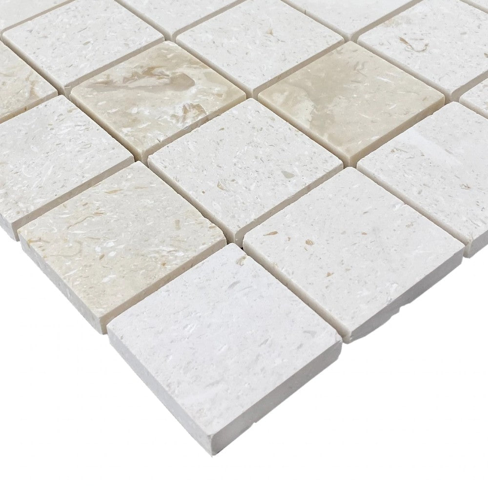 Shell Stone Limestone 2"x2" Honed on 12" x 12" Mesh Mosaic Tile