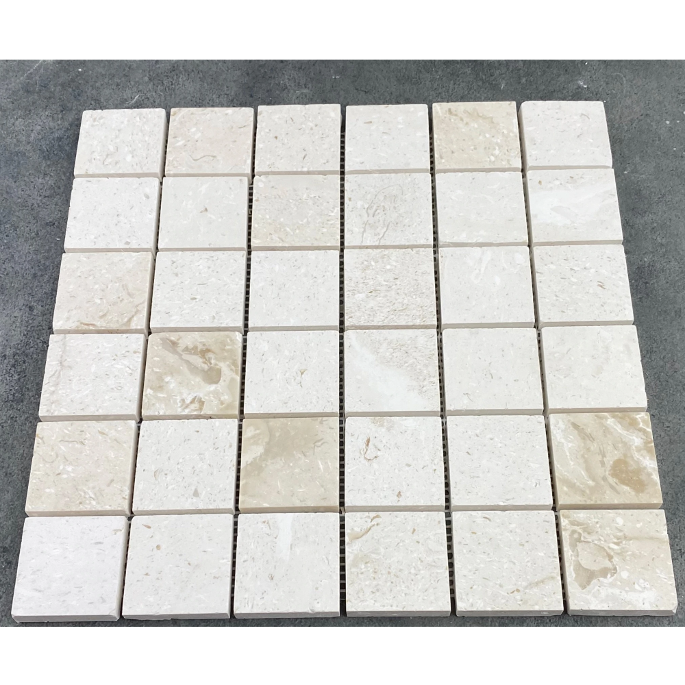 Shell Stone Limestone 2"x2" Honed on 12" x 12" Mesh Mosaic Tile