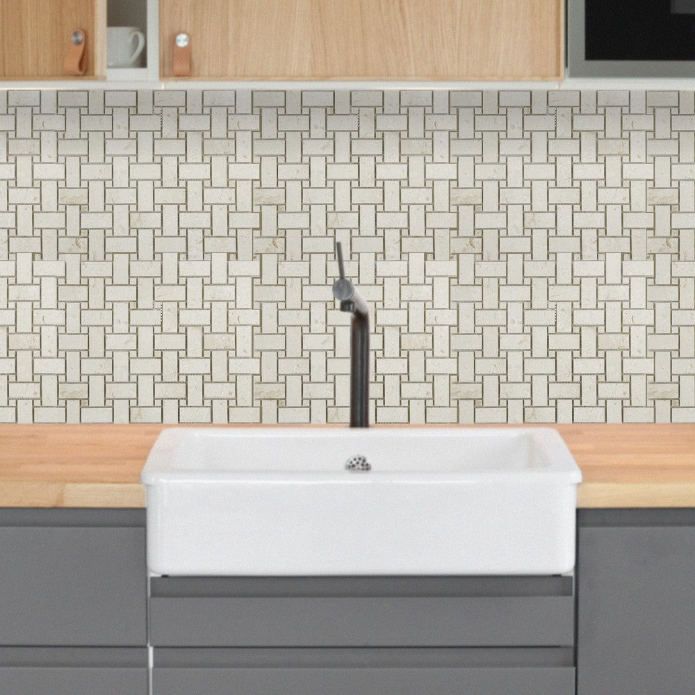 Shell Stone Limestone Basketweave Design on 12" x 12" Mesh Mosaic Tile