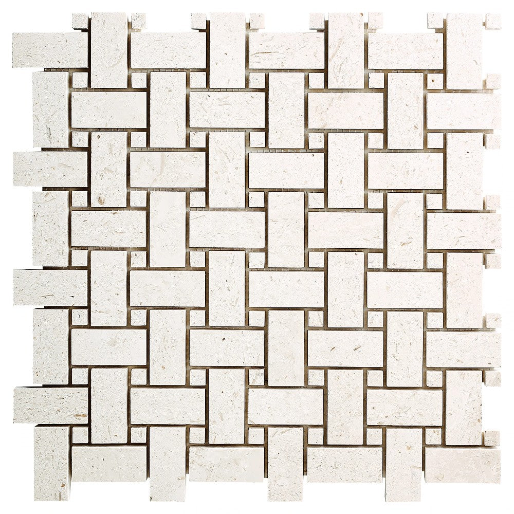 Shell Stone Limestone Basketweave Design on 12" x 12" Mesh Mosaic Tile