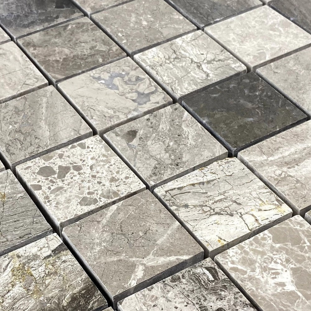 Silver Shadow Marble 2"x2" Honed on 12" x 12" Mesh Mosaic Tile